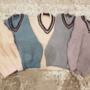 Classic V-Neck Sweaters in Cream and Blue